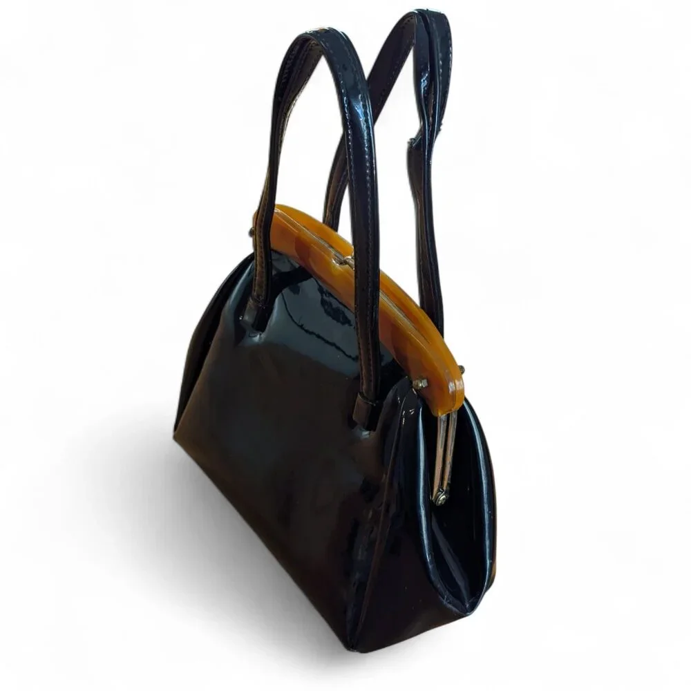 Vintage 1950s/60s Black Patent Leather Handbag with Lucite Handle - Picture 3 of 8